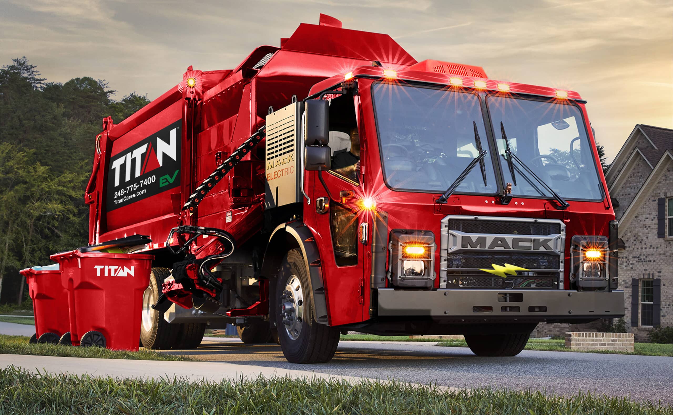 A graphic mockup of a Titan Environmental Electric garbage truck.